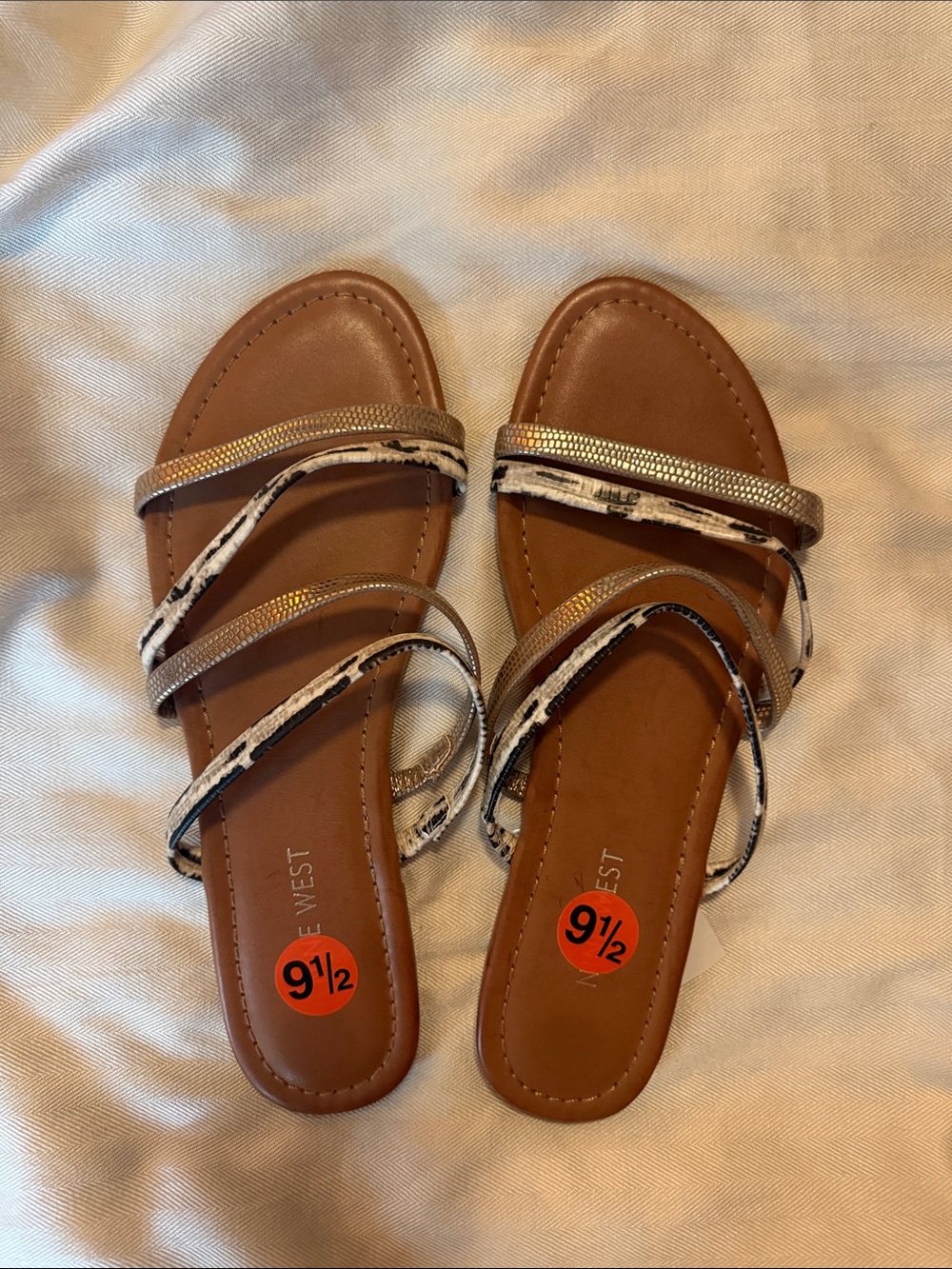 Nine West Brown Slide Sandals with Metallic and Black-White Animal Print Straps